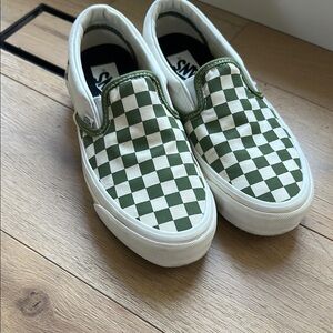 Vans Premium Green and White Checkerboard Slip-On Sneakers